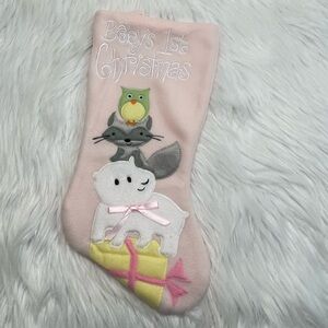 SAINT NICKS CHOICE PINK BABY'S 1ST CHRISTMAS STOCKING WITH BABY ANIMALS